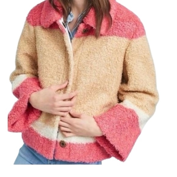 By Anthropologie Color Block Sherpa Jacket. Multicolor. Medium - Picture 4 of 11